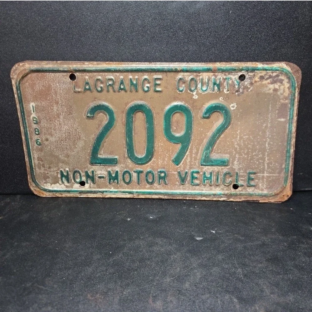 Lagrange County Indiana Vintage 1986 Non-Motor Vehicle License Plate 2092 Rust